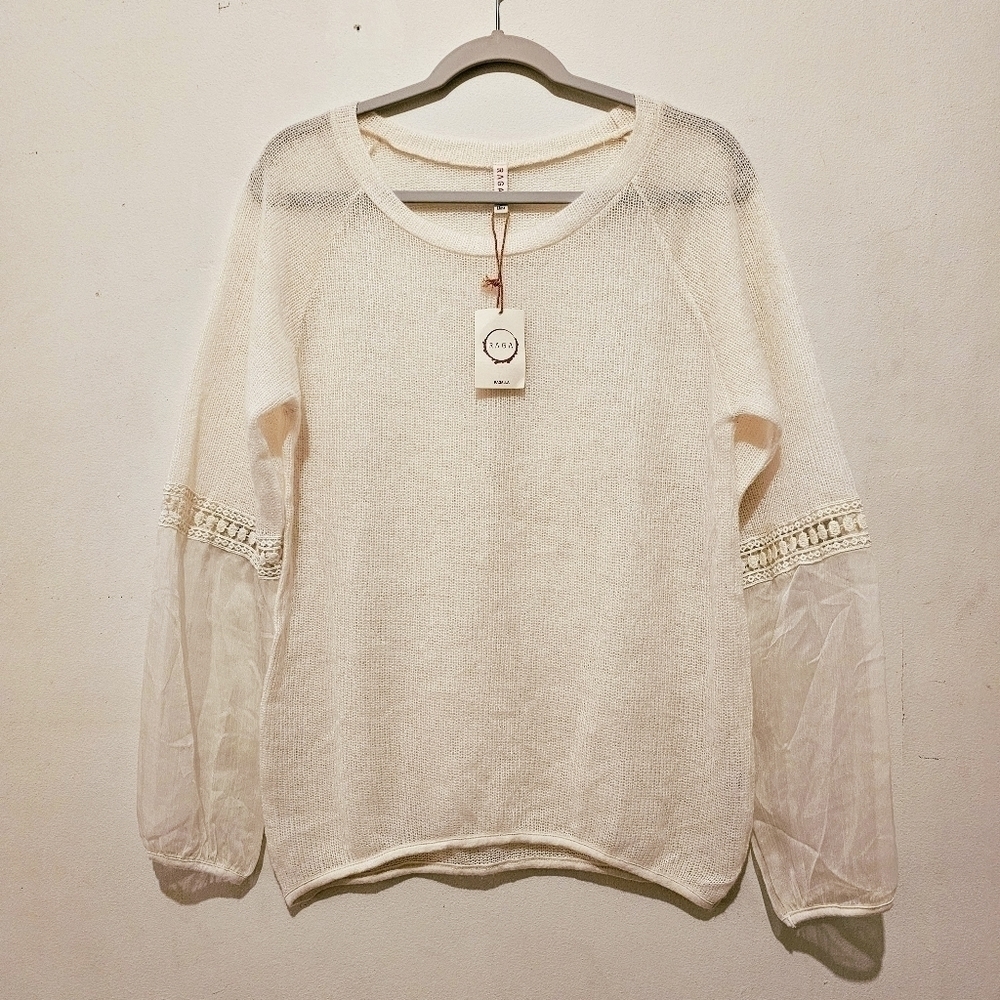 RAGA Anthropologie Sheer Open Knit Boho Tule Sleeve Sweater